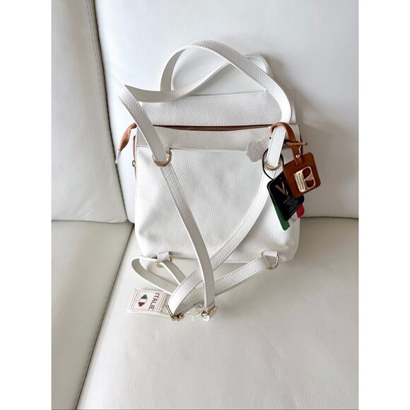 NWT Valentina White Italian Leather Convertible crossbody Shoulder Backpack Bag main image 9